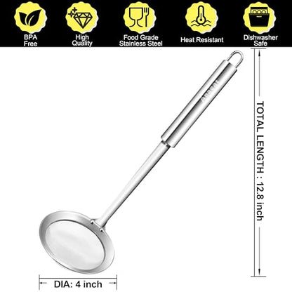 Anaeat 4" Stainless Steel Fat Skimmer Spoon - Professional Kitchen Fine Mesh Food Strainer and Hot Pot Skimmer with Long Handle for Skimming, Cooking, Frying, Grease, Gravy and Foam Diameter - color: 4" Fine Mesh Skimmer