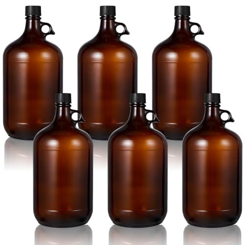 Maxdot 6 Pack 1 Gallon Glass Fermentation Jug with Airtight Lid, 128 oz Amber Glass Carboy with Handle for Kombucha, Beer Brewing, Wine Making, UV Protection - size: 1 Gallon