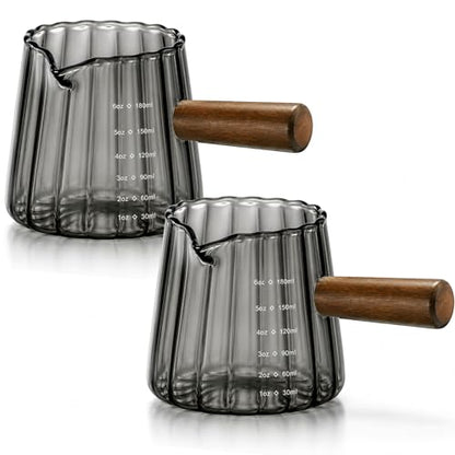 2 Pack Espresso Measuring Cup 6oz, Febwind Ribbed Borosilicate Glass Espresso Shot Cups with Wood Handle, V-Shaped Spout with oz/ml Scale for Coffee and Milk Frothing Gray - color: Gray (2 Pack)