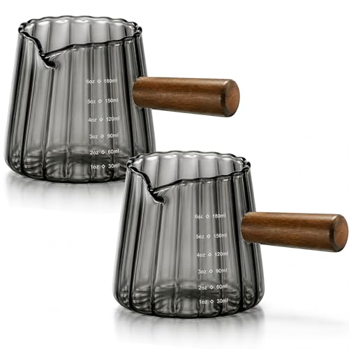 2 Pack Espresso Measuring Cup 6oz, Febwind Ribbed Borosilicate Glass Espresso Shot Cups with Wood Handle, V-Shaped Spout with oz/ml Scale for Coffee and Milk Frothing Gray - color: Gray (2 Pack)