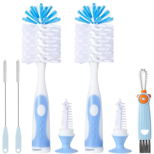 Baby Bottle Brush Set, Bottle Cleaner,2Pcs Bottle Brush with Stand, 2 Hidden Nipple Brush, 2 Straw Brush, 1 Lid Brush, Nylon Bottles Brush Cleaner for Baby Bottle, BPA-Free(Blue) - color: Blue-nylon & Nylon Brush