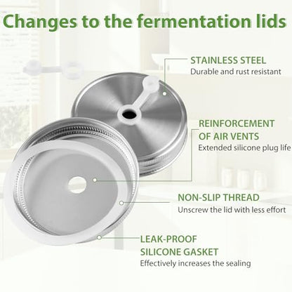 Fermentation Kit for Wide Mouth Mason Jars, 4 Easy-Lift Glass Weights, 4 Stainless Steel Fermentation Lids with Airlocks, 6 Silicone Rings and 6 Silicone Stoppers (Jars Not Included)