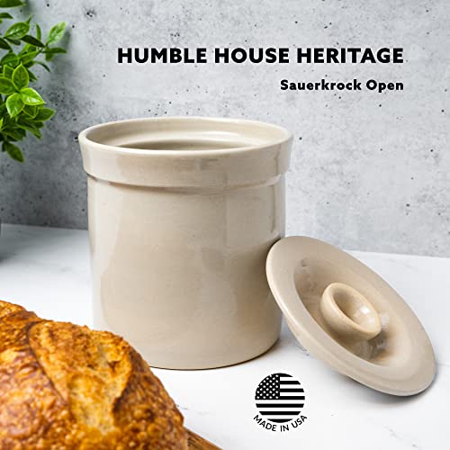 Humble House Sourdough Bread Starter Kit 1/2 Gallon Sauerkrock Open Ceramic Crock with lid 2 Liter Large Capacity 64 Ounce Jar for the perfect sour dough bread - baking supplies Made in America - size: 0.5 Gallon