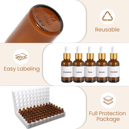 UPBUD 50Pack 1oz Amber Glass Dropper Bottles with Gold Lids, Funnels, Droppers, Extra Caps & Labels – Leakproof, UV Resistant 30ml Empty Bottle for Tinctures, Essential Oils, Beard, Hair Oils - color: Amber-gold-1oz, size: 1oz
