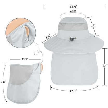 Sun Hats for Men Women Fishing Hat UPF 50+ Breathable Wide Brim Bucket Hats Summer UV Protection Safari Hat with Neck Flap - color: Light Grey (With Face Cover)