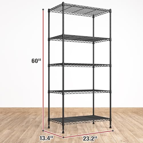 REIBII 5 Tier Wire Shelving, 23.2" W Metal Shelving, Small Space Corner Storage, Adjustable Shelves, Leveling Feet, Metal, for Kitchen, Bedroom, Pantry, Closet,Laundry Room - size: 5 Tier,13.4" D x 23.2" W x 60" H