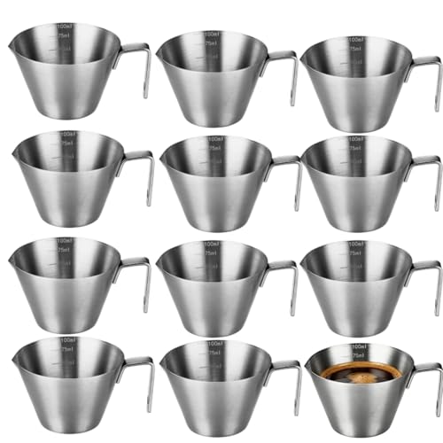 12 Pcs Stainless Steel Measuring Cups, 3.4OZ/100ML Stackable Espresso Pouring Cup with with Spout and Handle Scale, Dishwasher Safe Metal Measuring Cup for Coffee & Baking
