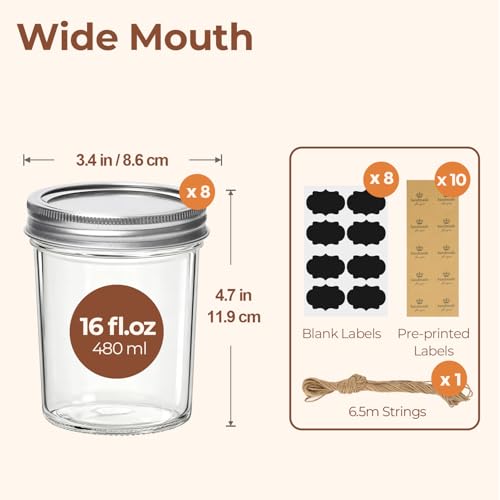 ComSaf 16 oz Wide Mouth Mason Jars Bulk Set, 8 Pack Jars with Lids | Clear Body, Salad Prep, Pickles, Overnight Oats, Honey, Candle Making, Wedding Favors - size: 16oz*8 wide mouth