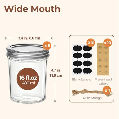 ComSaf 16 oz Wide Mouth Mason Jars Bulk Set, 8 Pack Jars with Lids | Clear Body, Salad Prep, Pickles, Overnight Oats, Honey, Candle Making, Wedding Favors - size: 16oz*8 wide mouth