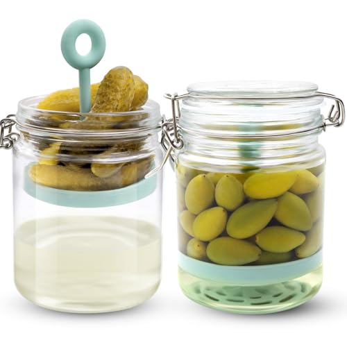 2 Pcs Pickle Jar with Strainer, 25 Oz Glass Pickle Container with Silicone Lift Separator, Airtight Lid Olive Storage Mason Jar for Jalapeno Gherkin Kimchi Marinade Fermenting Canning Jars Wide Mouth