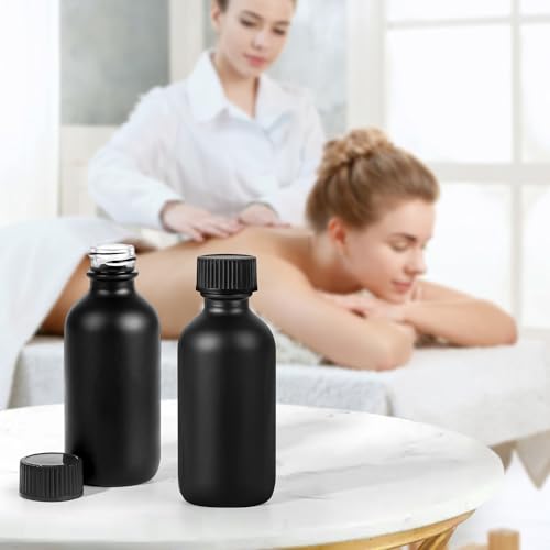 Small Glass Bottles with Lids Boston Round Shot Bottles for Health, Immunity, Ginger Juice, Essential Oils, Potion - Leak Proof Mini Travel Containers (Black Frosted, 2oz-48Pack) - color: Black Frosted, size: 2oz-48Pack