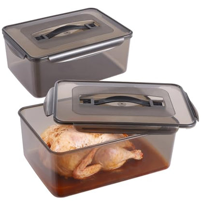 2 Pcs Marinating Containers with Lids, 12.5 and 8.3 Quart Airtight Plastic Brining Bins, Portable Food Storage with Handles for Grilling Meat and Turkey, Stackable Kitchen Organizers for Meal Prep