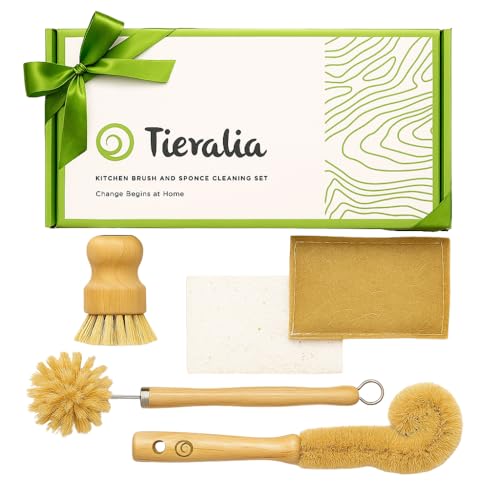Tieralia Bamboo Dish Brush Gift Set – 5-Piece Kitchen Cleaning Set with Bottle Brush, Round Scrub Brush, Palm Brush & 2 Plant-Based Sponges | Wooden Handle Cleaning Tools for Dishes & Surfaces