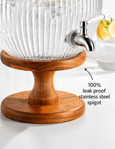 2 Gallon Drink dispenser, Glass Beverage Dispenser With Wood Stand, Large Water Drink Dispensers for Parties With Stainless Steel Spigot, Ideal for Lemonade,Juice, Tea, and Party Drinks - color: Clear - 2 Gallon