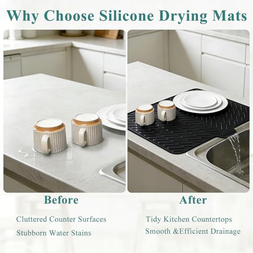 Silicone Dish Drying Mat for Kitchen Counter,23"X17" With Built-in Drain Lip,Food-Grade Silicone, Heat-Resistant Eco-friendly Hygienic Drying Mat Leak-Proof and Non-Slip, Multi-Functional Use（Black） - color: Black, size: 23" x 17"