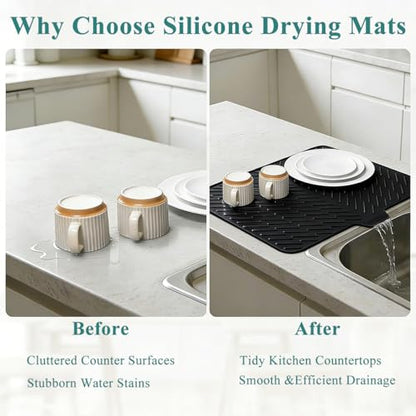 Silicone Dish Drying Mat for Kitchen Counter,23"X17" With Built-in Drain Lip,Food-Grade Silicone, Heat-Resistant Eco-friendly Hygienic Drying Mat Leak-Proof and Non-Slip, Multi-Functional Use（Black） - color: Black, size: 23" x 17"
