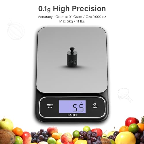 Lauff Digital Food Scale, Weighs Scale, Kitchen Scales, Food Scales messaures in Grams and Ounces with 0.01oz/1g Precise, Waterproof Kitchen Scale for Baking & Meal Prep with LCD Display (0.1g/5KG)