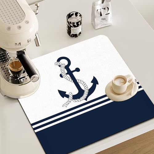Nautical Dish Drying Mat - Nautical Anchor Absorbent Dish Drying Mat for Kitchen Counter, Coffee Maker Bar Mat for Countertops, Dish Rack Drainer Mat, 16x17.5 Inch,JL-GZD