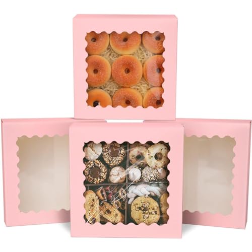 qiqee Auto-pop Up Pink Pie Boxes with Window 10x10x2.5 inch 20Packs Cookie Donut Bakery Box - color: Pink, size: 10"x10"x2.5"/20 Pcs