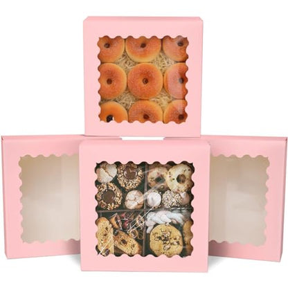 qiqee Auto-pop up Pink Pie Boxes with Window 10x10x2.5 inch 30Packs Cookie Donut Bakery Box - color: Pink, size: 10"x10"x2.5"/30 Pcs