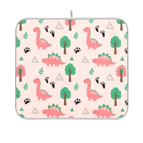 Dinosaur Tree Pink Dish Drying Mat for Kitchen Counter Super Absorbent Draining Mat with Non-slip Backed Sink Mats for Draining Racks Countertops Sinks Dish Bottles Cups Bowl