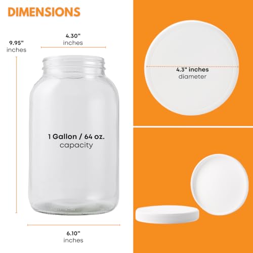 FastRack 1 Gallon Mason Jar with White Airtight Lid | Regular Glass Canisters with Airtight Lids | Large Mouth Glass Jar for Food Storage, Canning, Fermentation, Pickling - size: 1 Pack