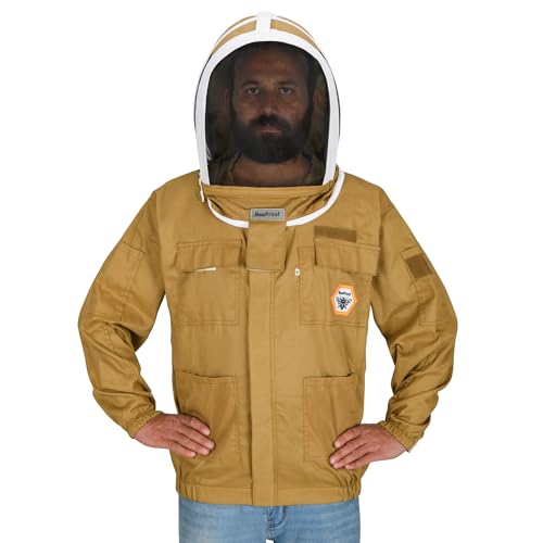 Beekeeping Jacket with Fencing Veil - Breathable Cotton Beekeeper Suit with YKK Zippers & Protective Hood (BP-101-Khaki)-S - color: Khaki, size: Small