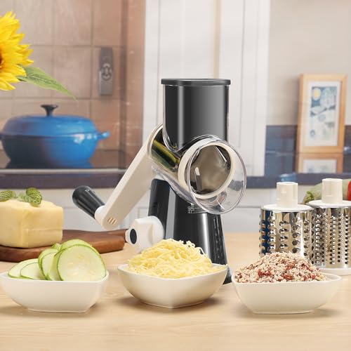 Cambom Rotary Cheese Grater Hand Crank Cheese Shredder for Fresh Cheese, Vegetable, Nuts,Non-slip Suction Base, Three Blades, Black - color: Black, size: 3 BLADES