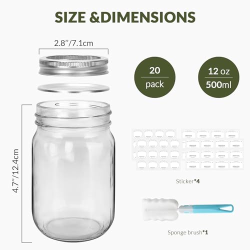 Glass Mason Jars 12 oz with plastic Lids 20 Pack | Regular Mouth Canning Jars, for Food Storage, Canning, Pickling, Dry Goods, Snacks, Candies, and DIY Projects - color: clear