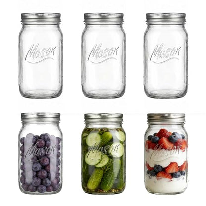 Wide Mouth Mason Jars 32 oz, 6 Pack Glass Canning Jars for Pickling, Fermenting & Food Storage, BPA Free, Airtight Seal, Microwave & Dishwasher Safe
