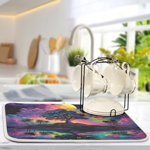 Palm Tree Colorful Dish Drying Mat for Kitchen Counter Super Absorbent Draining Mat with Non-slip Backed Dishwashing Mat for Dish Bottles Cups Bowl Draining Racks Countertops Sinks
