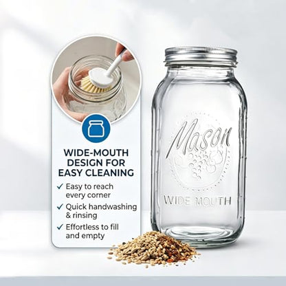 64 oz Mason Jars with Lids, Glass Jars for Canning, Wide Mouth Mason Jars for Spice Storage, Glass Jar with Lid for Pantry Organization, Jars for Home Kitchen Canning Set of 6