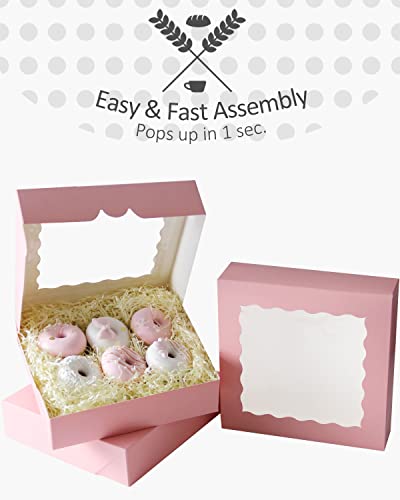 qiqee Auto-pop Up Pink Pie Boxes with Window 10x10x2.5 inch 20Packs Cookie Donut Bakery Box - color: Pink, size: 10"x10"x2.5"/20 Pcs