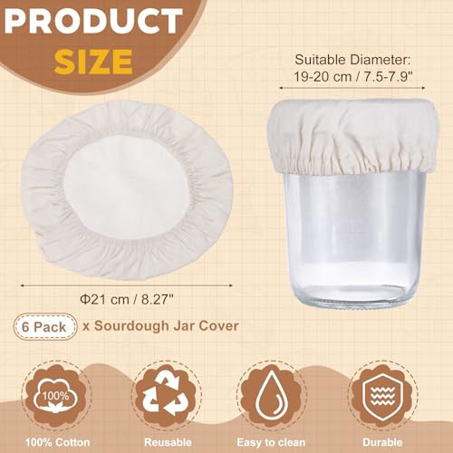 uxcell 6Pcs Sourdough Jar Cover, 210mm Wide Sourdough Starter Jar Covers Cloth Reusable Breathable Cotton Container Elastic Top Fermentation Lids for 7.5"-7.9"D Bowl & Jar Mouth, Beige - size: 210mm 7.5"-7.9"