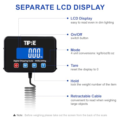 TIPRE Shipping Scale 440lbs for Packages,Lightweight Carbon Fibre Heavy Duty Digital Postal Scale,0.5 oz High Accuracy Commercial Scale with Charging Cable & Batteries for Small Business,Warehouse - size: 440lb- Black Carbon Fibre