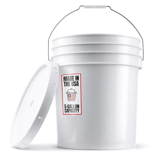 5-Gallon White Bucket Pail With Airtight Lid, Food Grade BPA-Free Premium HDPE, Made In USA, Heavy-Duty Extra Durable Multi-Use, Metal Handles Plastic Grip Easy Carrying, Stackable Easy Store - 6 Pack - size: 6 Pack