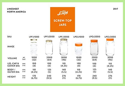 Le Parfait Screw Top Jars - Wide Mouth French Glass Preserving Jars - Zero Waste Packaging (4, 1000ml - 32oz - 1L Gold Lid) - color: 1L-Gold (Set/4)