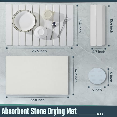 Stone Drying Mat for Kitchen Counter, 24"x16" Large Collapsible Dish Drying Mat with Non-Slip Pad and Sandpaper, Rolling Design, Quick Dry for Dishes, Bottles, Utensils