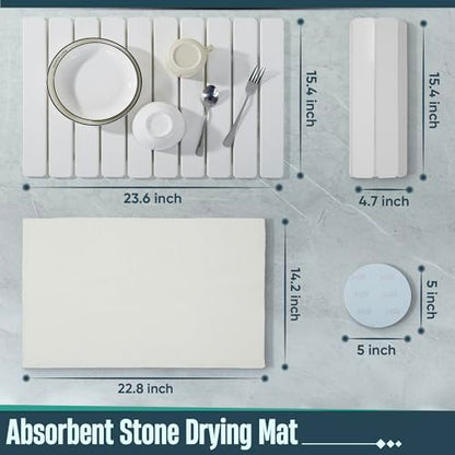 Stone Drying Mat for Kitchen Counter, 24"x16" Large Collapsible Dish Drying Mat with Non-Slip Pad and Sandpaper, Rolling Design, Quick Dry for Dishes, Bottles, Utensils