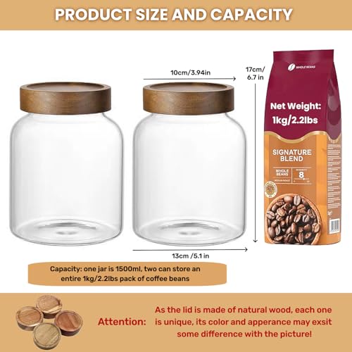 2PCS Large Glass Jar with Airtight Screw on Wood Lid, 50 Fl oz/1500 ml Clear Glass Canister for 1.1LB Coffee Beans, Food Storage Containers Pantry Jars for Rice,Flour,Pasta,Sugar,Cookies, Spice,Cereal - size: 2*1500ml