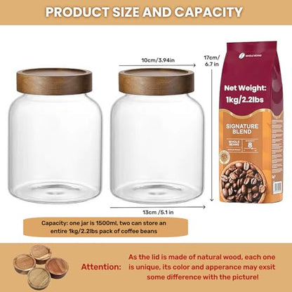 2PCS Large Glass Jar with Airtight Screw on Wood Lid, 50 Fl oz/1500 ml Clear Glass Canister for 1.1LB Coffee Beans, Food Storage Containers Pantry Jars for Rice,Flour,Pasta,Sugar,Cookies, Spice,Cereal - size: 2*1500ml