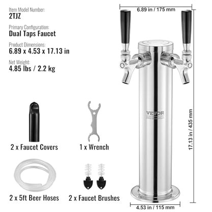 VEVOR Dual Taps Draft Beer Tower Dispenser, Stainless Steel Keg Beer Tower, Kegerator Tower Kit with Pre-Assembled Tubing and Self-Closing Faucet Shanks for Party, Bar, Pub, Restaurant - style: Dual Faucets