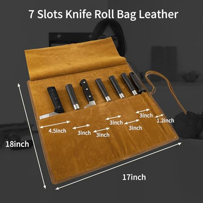 Genuine Leather Knife Roll, Knife Bags for Chefs Professional, Small Chef'S Knife Case Holder, Knives Holders Protectors with 7 Slots, Portable Chef Knife Roll Chef Knife Bag - color: 7 Slots Reddish brown