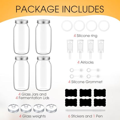 Honeydak 4 Pack Fermentation Kit, 68 oz Fermentation Jars with Fermenting Weights and Airlocks, Stainless Steel Lids, Pickle Jar for Sauerkraut, Vegetables and Other Fermented Foods - size: 68 oz
