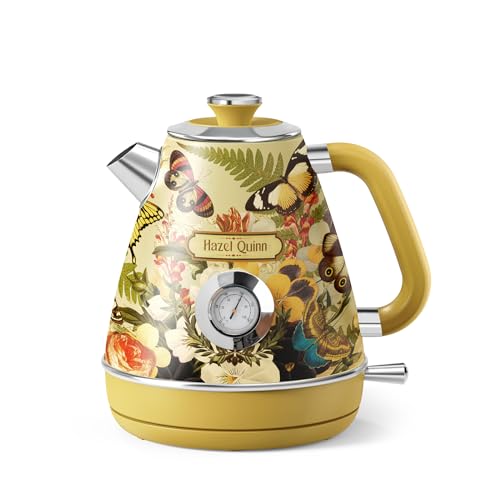 Hazel Quinn X Eduardo Recife Electric Kettle - 1200W Fast Water Boiling, 1.7L/57oz, All 304 Stainless Steel Interior, BPA-Free, Auto Shut-Off, Cordless Retro Teapot with Thermometer - Floral Patterned - color: Floral Painted Design