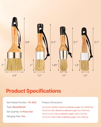 VEVOR Chalk Wax Paint Brush, 4 Piece Wax Paint Brush, Stain Brushes for Furniture, Acrylic Painting,Milk Paint,Home Decor, Natural Bristle Round Oval Chalk Paint Brushes for All Painting and Waxing - size: 4 PCS, style: Paint Brush