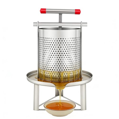 Manual Honey Extractor Press, 2.6 Gal Stainless Steel Honey Strainer with T-Handle, Heavy Duty Beekeeping Extraction for Beeswax Fruit Juice, Silver