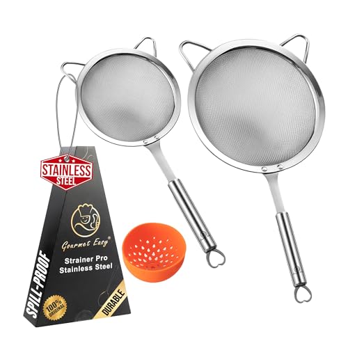 Stainless Steel Fine Mesh Strainer Set, Colander Set with 1 Large Flour Sifter (Sturdy Handle), 1 Small Mesh Sieve for Pasta & Rice, 1 Silicone Can Strainer – Durable, Dishwasher Safe, 5-Year Warranty