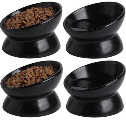 Elevated Ceramic Cat Bowl, 15° Tilted Raised Food & Water Dishes, Anti-Vomiting & Neck Protection Pet Feeder for Kittens, Small Dogs (5.2", Black, 4pc Set) - color: Black, size: 5Inch-4pc