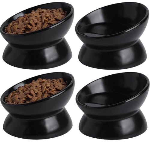 Elevated Ceramic Cat Bowl, 15° Tilted Raised Food & Water Dishes, Anti-Vomiting & Neck Protection Pet Feeder for Kittens, Small Dogs (5.2", Black, 4pc Set) - color: Black, size: 5Inch-4pc